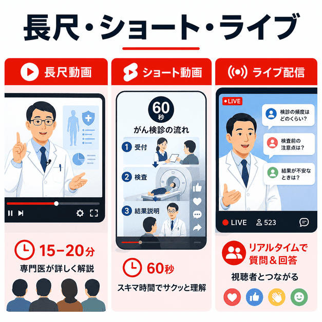長尺動画、ショート動画、ライブ配信の3軸でがん検診動画を設計する様子を示したイラスト