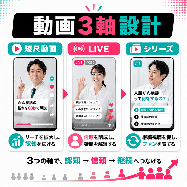 がん検診クリニックのTikTok運用で短尺動画とLIVEとシリーズ動画を設計するイメージ