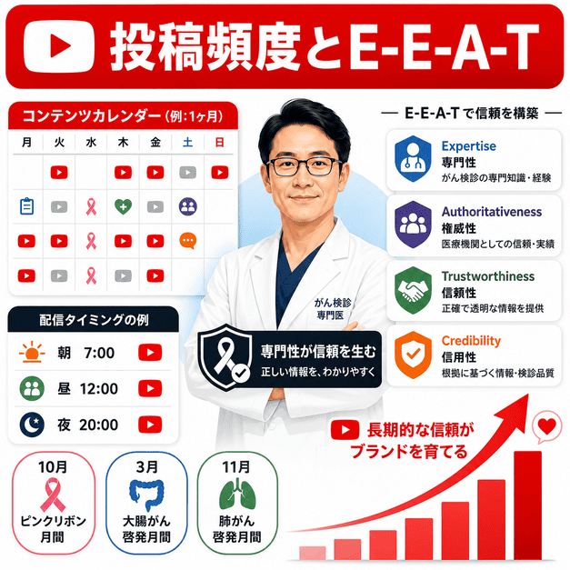 投稿カレンダーや配信タイミング、E-E-A-T訴求でがん検診クリニックの長期ブランドを育てるイラスト