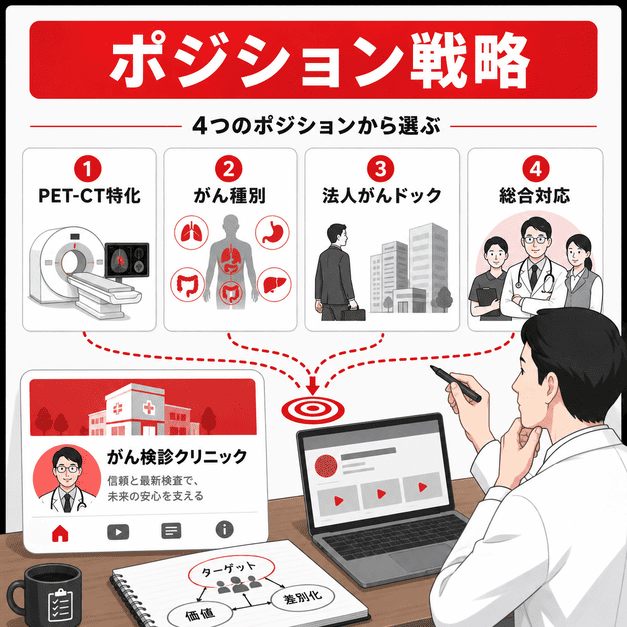 PET-CT特化型やがん種別特化型など、がん検診クリニックのYouTubeポジション戦略を比較するイラスト