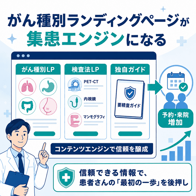 がん種別LP、検査法別LP、要精査ガイドなどのコンテンツが集患エンジンになる流れを示した図解