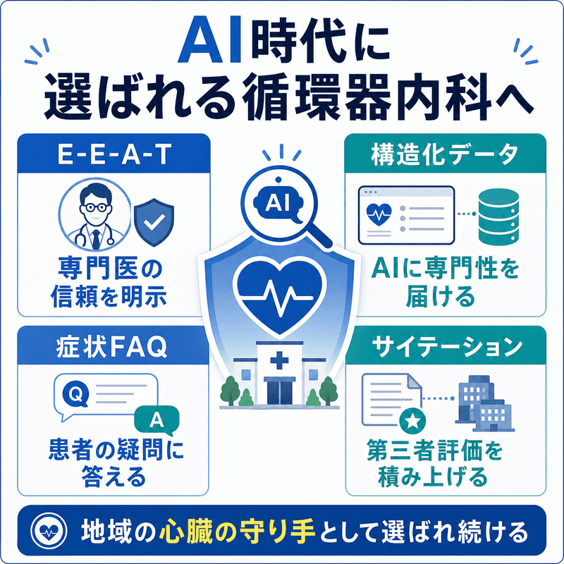 E-E-A-T、構造化データ、症状FAQ、サイテーションを軸にAI時代に選ばれる循環器内科を示した総括図