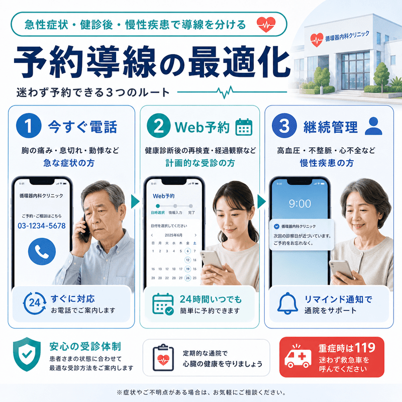 循環器内科クリニックの予約導線を今すぐ電話、Web予約、継続管理の3ルートに分けて示した図