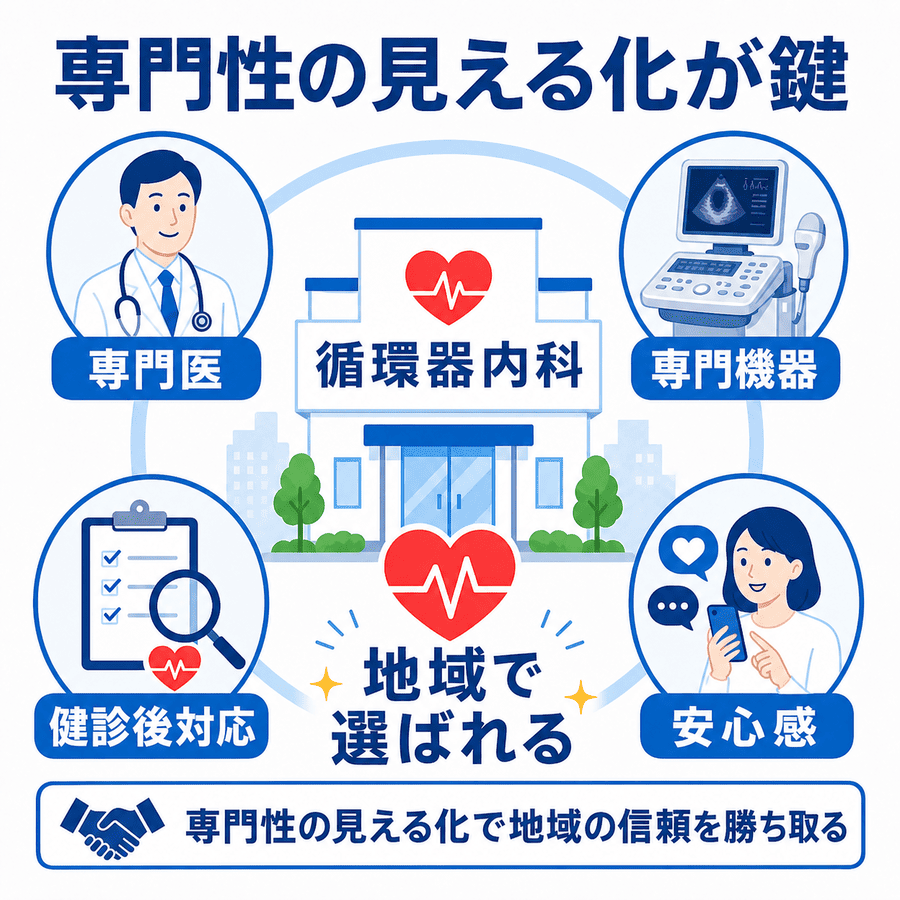 循環器内科の専門医、専門機器、健診後対応、安心感発信を見える化して地域で選ばれる流れを示した総括図