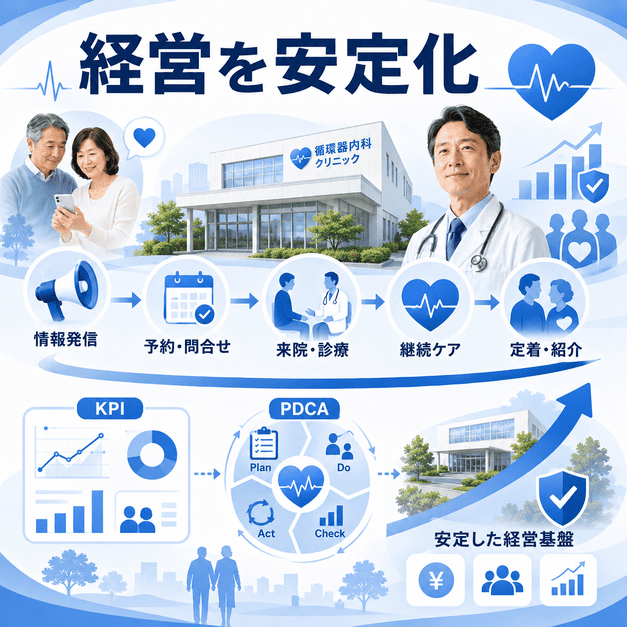 Facebook集患を起点に循環器内科クリニックのKPI管理とPDCAで経営を安定化するイメージ