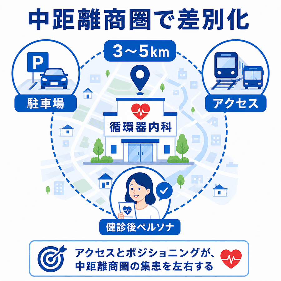循環器内科が半径3〜5kmの中距離商圏で駐車場やアクセスを活かして差別化する様子を示した図