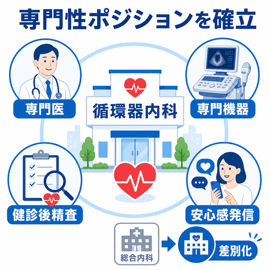 循環器内科が専門医や専門機器、健診後精査、安心感発信で専門性ポジションを確立する流れを示した図