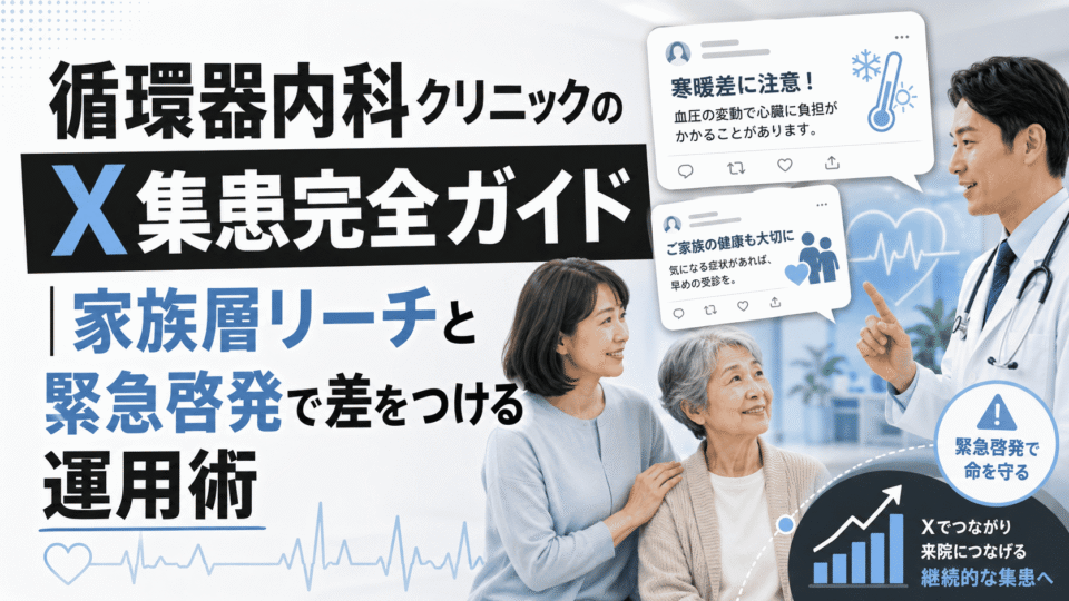 循環器内科クリニックのX集患で家族層へのリーチや緊急啓発を行う様子を表したアイキャッチ画像