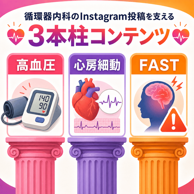 高血圧・心房細動・FAST啓発の3本柱で循環器内科のInstagram投稿を支える構成図