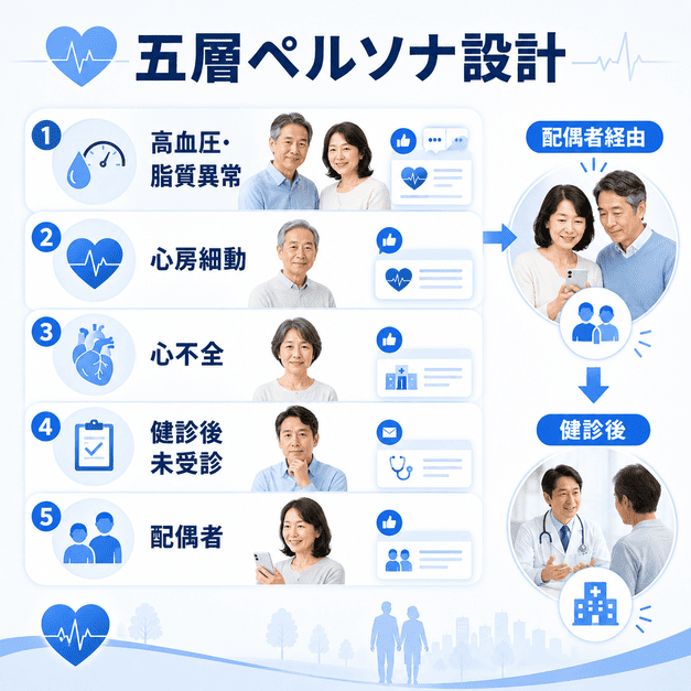 高血圧・心房細動・心不全・健診後未受診・配偶者の五層ペルソナ設計を示すイラスト