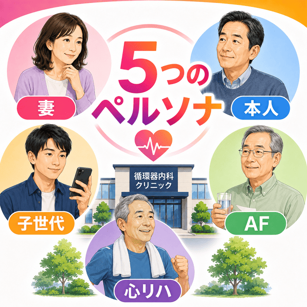 妻・本人・子世代・心房細動患者・心臓リハビリ患者の5つのペルソナを整理したイラスト