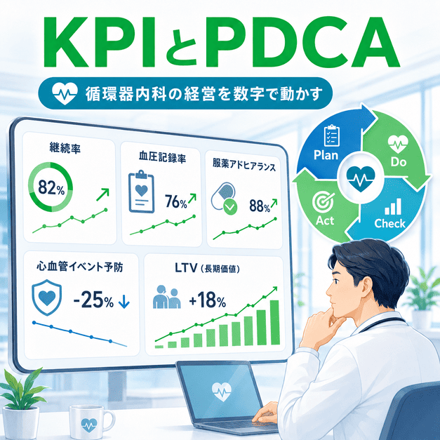 継続率、家庭血圧記録率、服薬アドヒアランス、LTVをKPIとPDCAで管理する循環器内科経営のイラスト