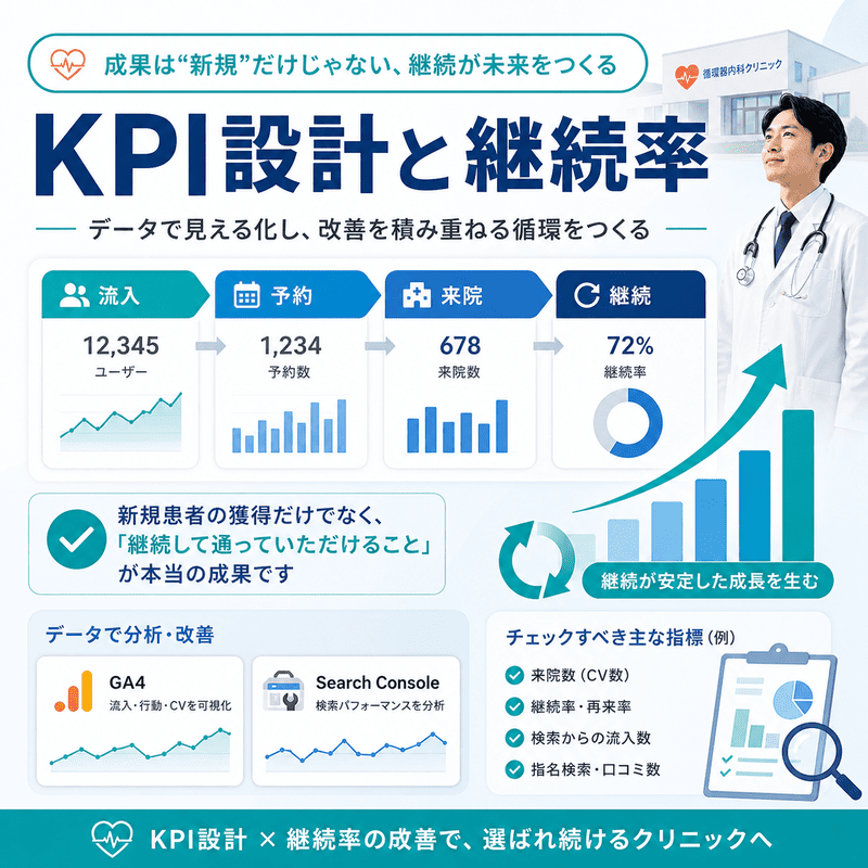 循環器内科クリニックのSEO成果を流入、予約、来院、継続率で可視化するKPI設計の図