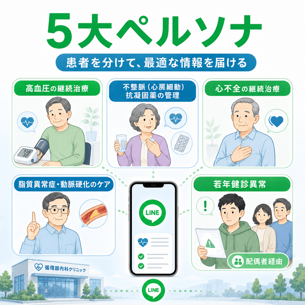 高血圧、心房細動、心不全、脂質異常症、若年健診異常の5大ペルソナに分けてLINE配信を設計するイラスト