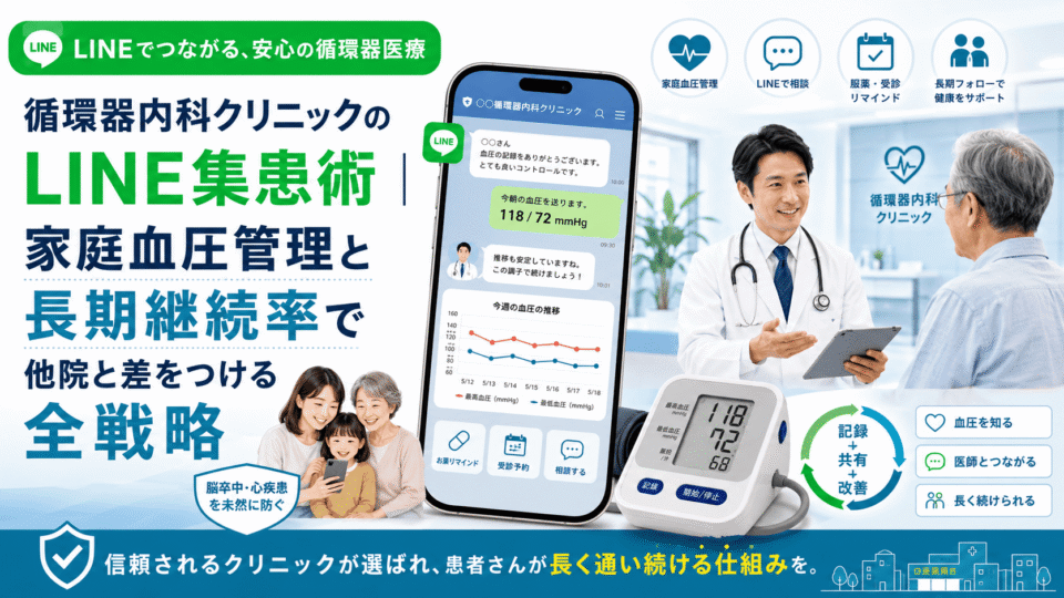 循環器内科クリニックのLINE集患術を表す、家庭血圧管理や服薬リマインド、長期継続支援をスマートフォンでつなぐ医療イメージ