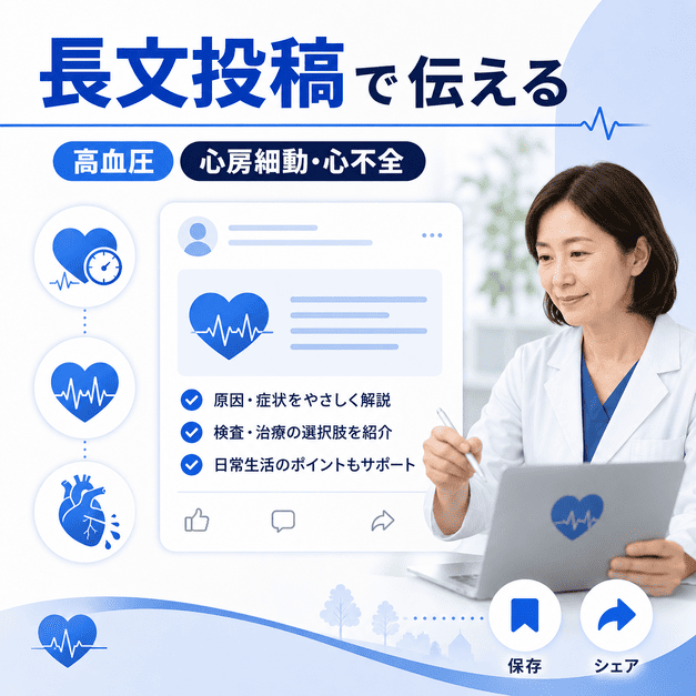 高血圧や心房細動、心不全について長文投稿で丁寧に伝える循環器内科医のイメージ