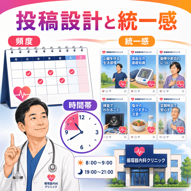 投稿頻度・時間帯・ビジュアル統一感を整えて循環器内科の信頼ブランドを築くイラスト