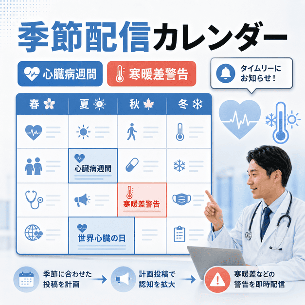 心臓病週間や寒暖差警告に合わせて循環器内科クリニックが季節連動の配信カレンダーを作る様子を示したイラスト