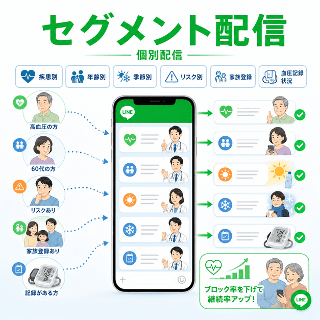 疾患別、年齢別、季節別、リスク別にLINE配信を出し分け、ブロック率低下と継続率向上を目指すイラスト