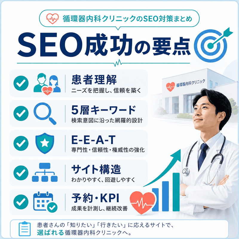 循環器内科クリニックのSEO成功に必要な患者理解、5層キーワード、E-E-A-T、サイト構造、予約・KPIをまとめた図