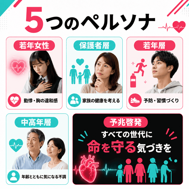 循環器内科TikTokで狙う若年女性、保護者層、若年層、中高年層、予兆啓発対象を示すイラスト