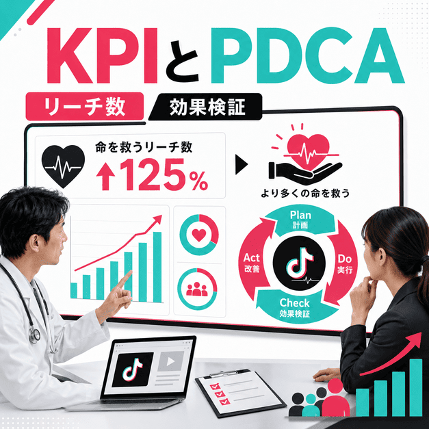 循環器内科TikTokのリーチ数や効果検証をKPIとPDCAで改善するイラスト
