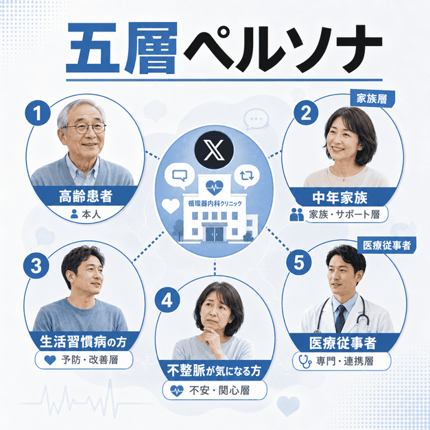 循環器内科クリニックのX運用で高齢患者や家族層など五層ペルソナを分けて配信する様子を示したイラスト