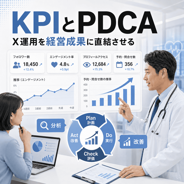 循環器内科クリニックのX運用をKPI分析とPDCAサイクルで改善し経営成果につなげる様子を示したイラスト