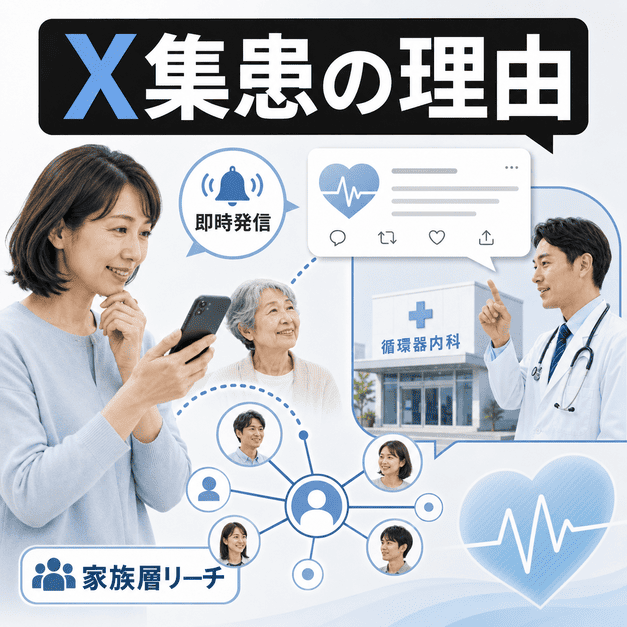 循環器内科クリニックがXで家族層に情報を届け、即時発信で受診につなげる理由を示したイラスト