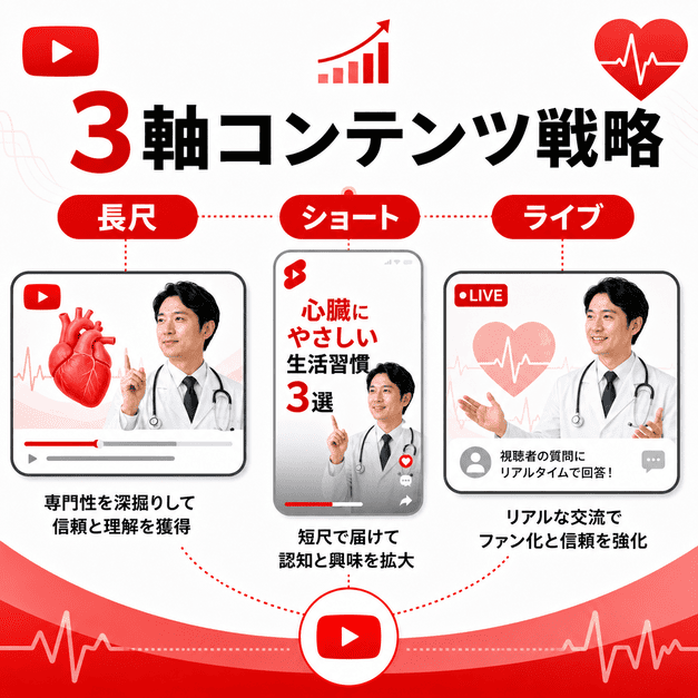長尺動画、ショート動画、ライブ配信の3軸で循環器内科のYouTubeコンテンツ戦略を組み立てる様子を示したイラスト
