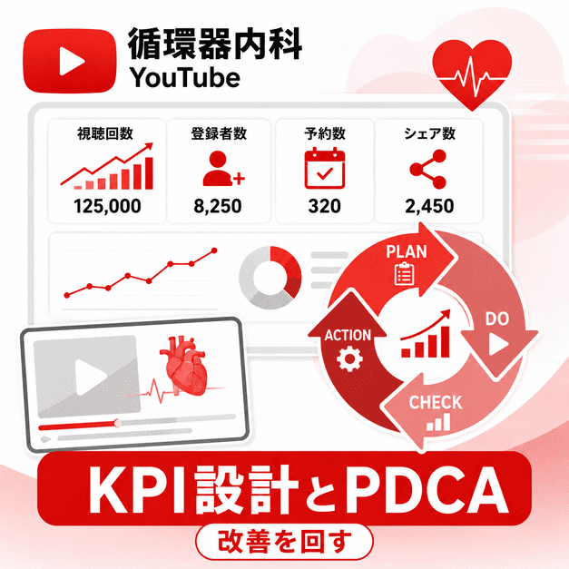 視聴回数、登録者数、予約数、シェア数などのKPIを確認し、PDCAで改善する循環器内科YouTube運用を示したイラスト