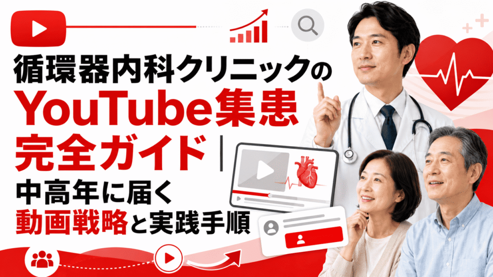 循環器内科クリニックのYouTube集患戦略を、医師と中高年患者、動画配信や心電図の要素で表したアイキャッチ画像