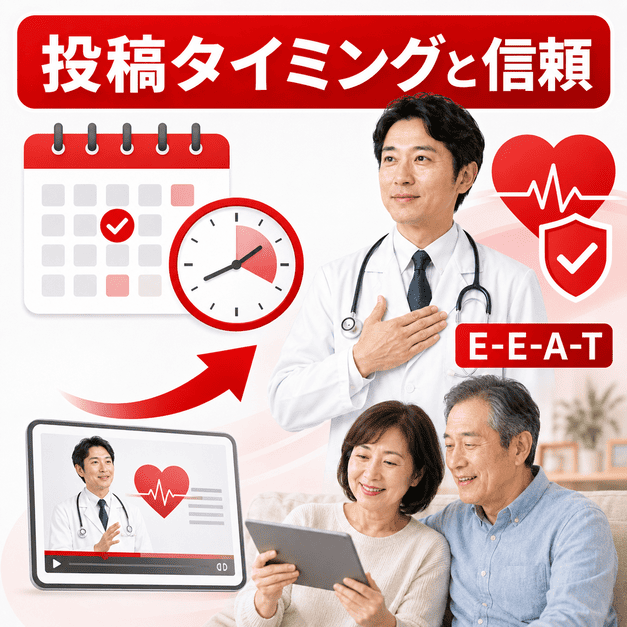 投稿カレンダーや時計、E-E-A-Tを通じて中高年視聴者の信頼を得る循環器内科YouTube運用を示したイラスト