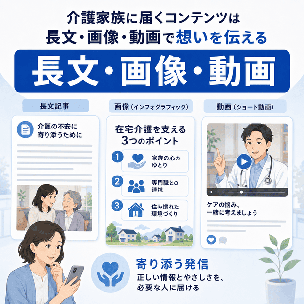 介護家族に向けて長文投稿、画像、動画で在宅医療の情報を届けるコンテンツ設計のイラスト
