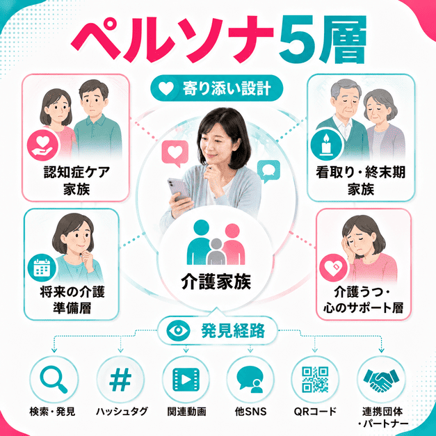 介護担当家族、認知症ケア家族、看取り家族など5つのペルソナ層と発見経路を整理したイラスト