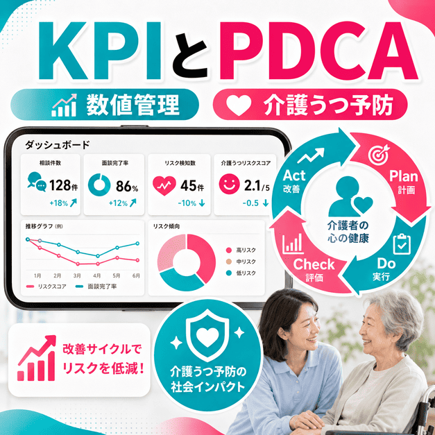 介護家族への支援効果や介護うつ予防をKPIとPDCAで数値管理するダッシュボードのイラスト