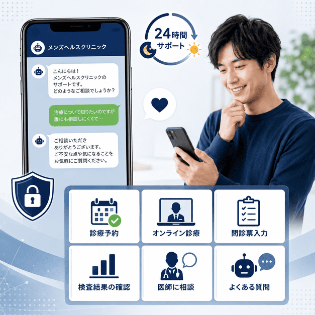 チャットボットと6マスのリッチメニューで男性患者が相談・予約しやすい導線を作るイメージ