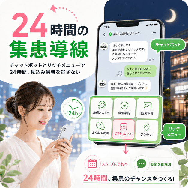美容皮膚科のLINEチャットボットとリッチメニューで24時間予約導線をつくるイラスト