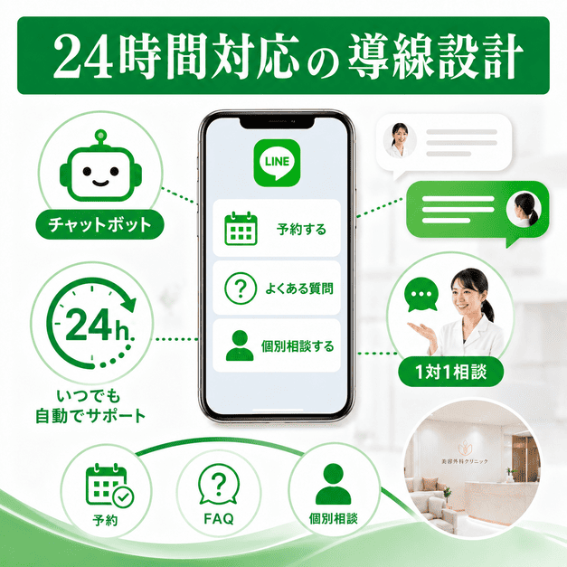 LINEのチャットボット、リッチメニュー、1対1相談で24時間対応の導線を整えるイメージ