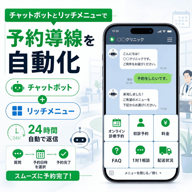 チャットボットとリッチメニューでオンライン診療予約やFAQ対応を自動化する導線を示したイラスト