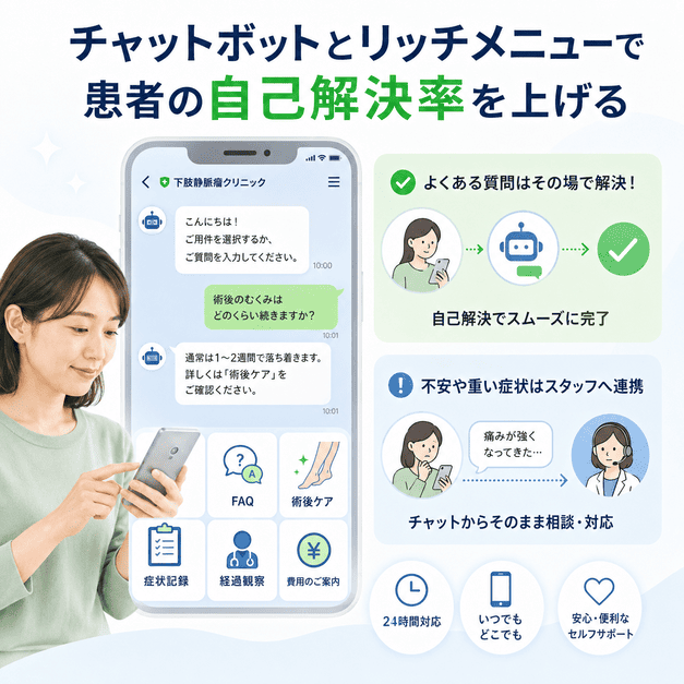 チャットボットとリッチメニューで患者の質問対応や予約、術後ケア案内を自己解決できるようにするイメージ