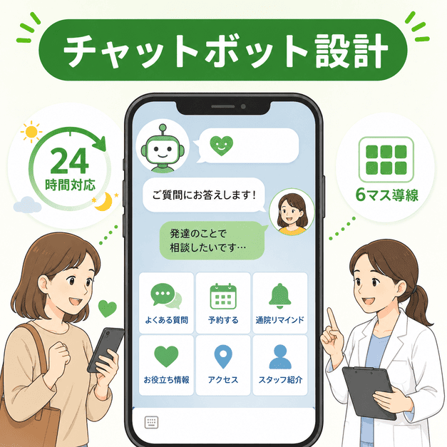 チャットボットとリッチメニューで保護者の不安を24時間受け止めるLINE導線を示したイラスト