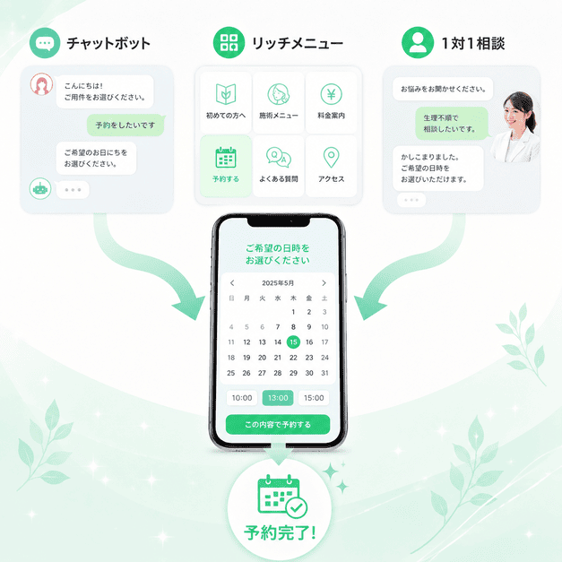 チャットボット、リッチメニュー、1対1チャットから予約完了までの導線を示すイラスト