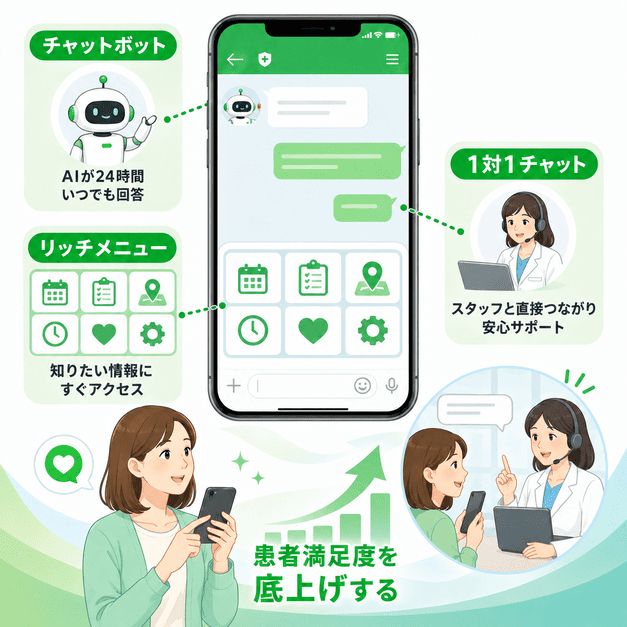 チャットボット、リッチメニュー、1対1チャットで患者満足度を高めるLINE運用のイメージ