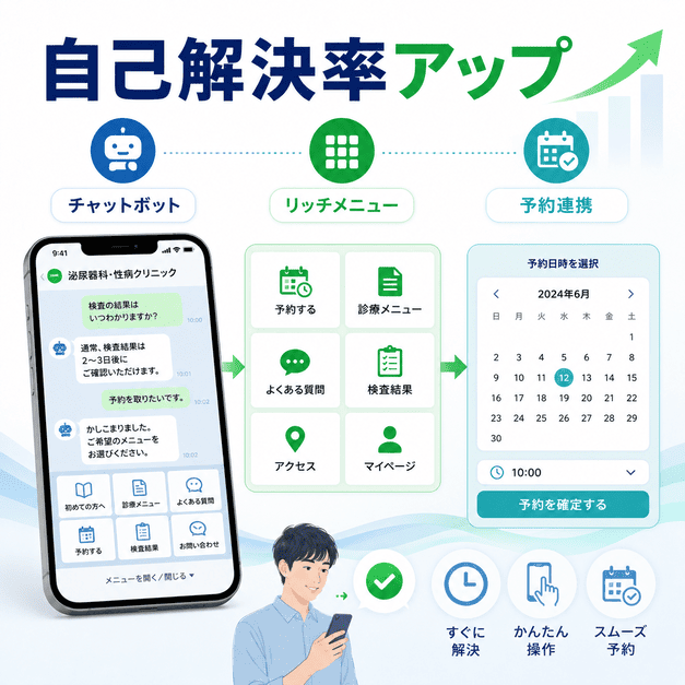チャットボット、リッチメニュー、予約連携により患者の自己解決率を高めるLINE運用を示したイラスト