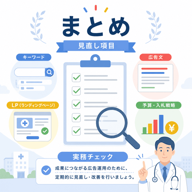 健診・人間ドッククリニックのGoogleリスティング広告で最初に見直すべきキーワード、広告文、LP、予算などの実務項目を整理したイラスト