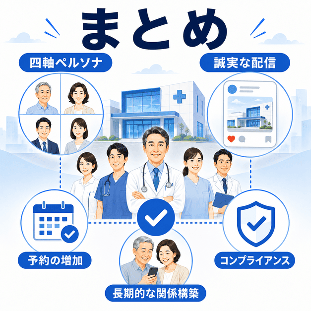 四軸ペルソナ設計と誠実な配信で健診・人間ドッククリニックのFacebook集患をまとめた図解