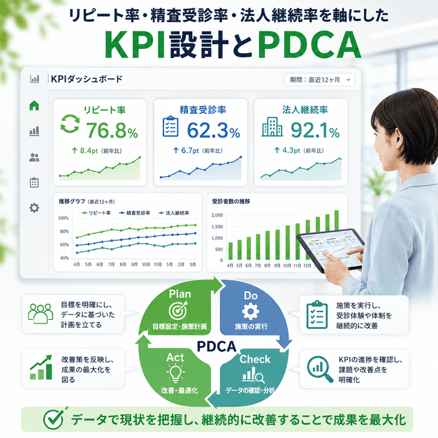 リピート率・精査受診率・法人継続率をダッシュボードで確認しPDCAを回すイメージ