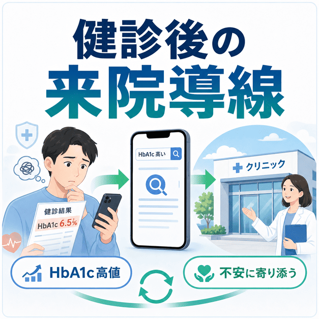 健診でHbA1c高値を指摘された患者がスマホ検索を通じて糖尿病内科クリニックへ来院する流れを示した図解
