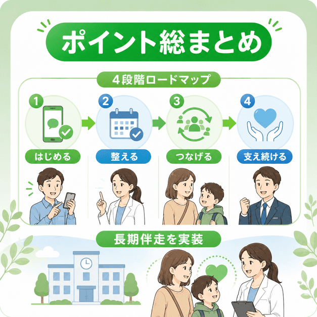 児童精神科・発達障害クリニックのLINE集患運用で押さえるべきポイントと4段階ロードマップをまとめたイラスト